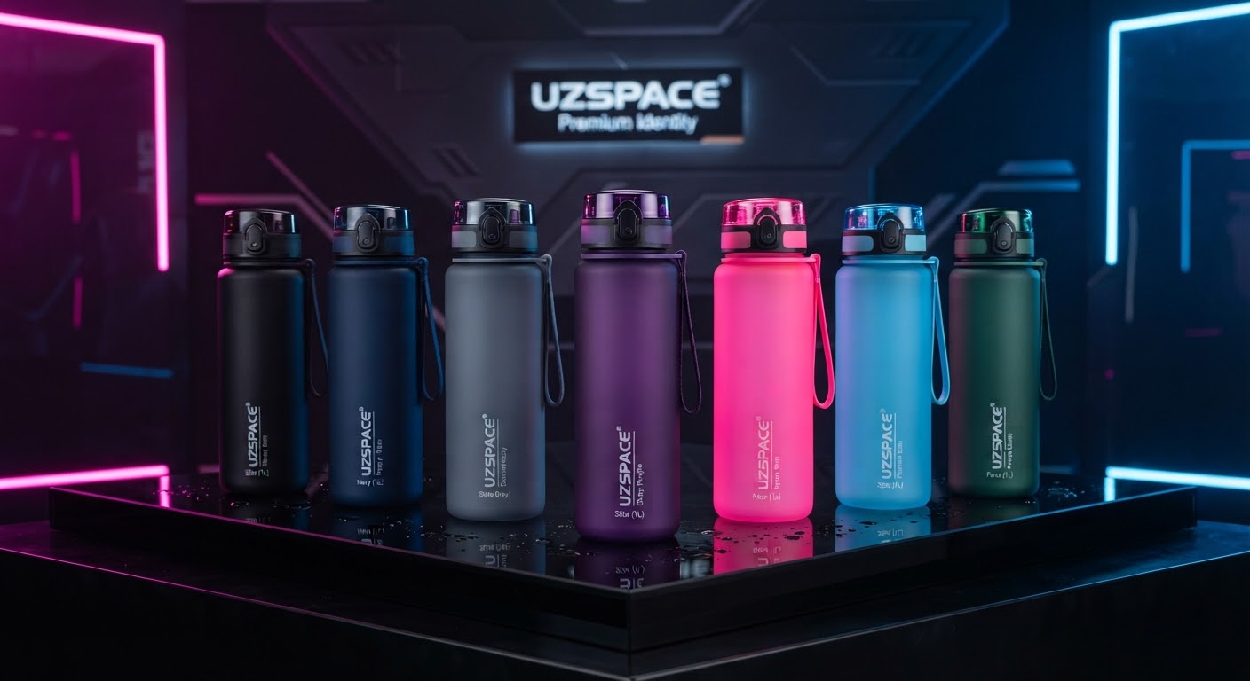 Linha de garrafas UZSPACE em estúdio com iluminação neon